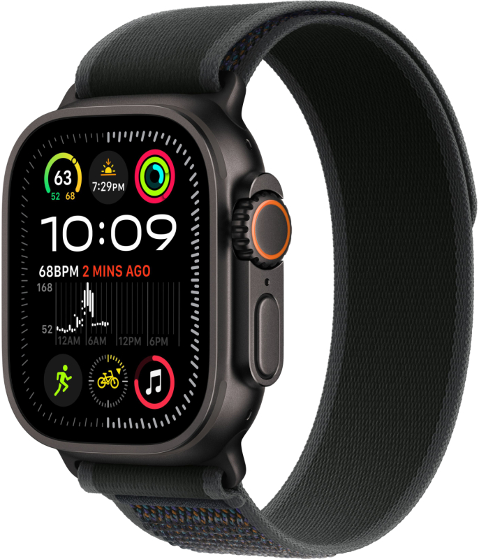 Apple Watch Ultra 2, 49 мм, корпус из титана цвета Чёрный (Black Titanium), ремешок Trail, цвет черный, S/M