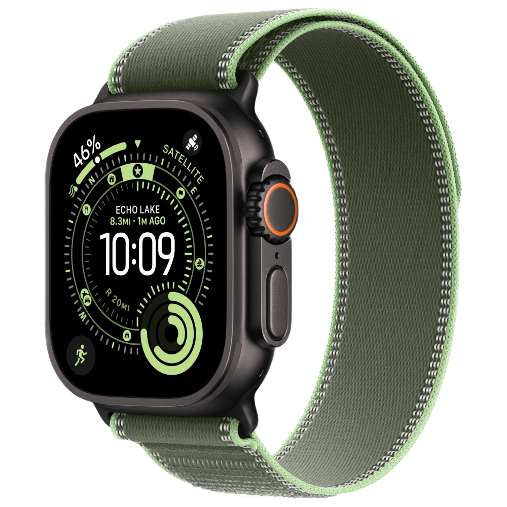 Apple Watch Ultra 3, 49 мм, корпус из титана цвета Чёрный (Black Titanium), ремешок Trail, цвет зеленый, M/L