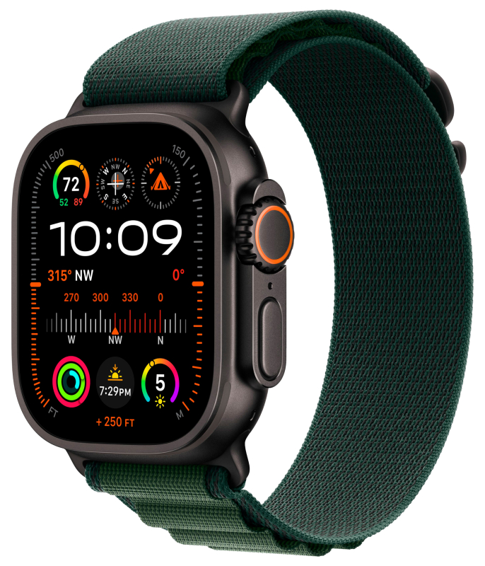 Apple Watch Ultra 2, 49 мм, корпус из титана цвета Чёрный (Black Titanium), ремешок Alpine, цвет зеленый, M