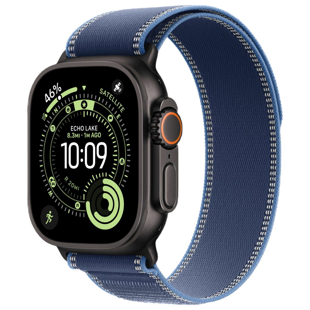 Apple Watch Ultra 3, 49 мм, корпус из титана цвета Чёрный (Black Titanium), ремешок Trail, цвет синий, M/L