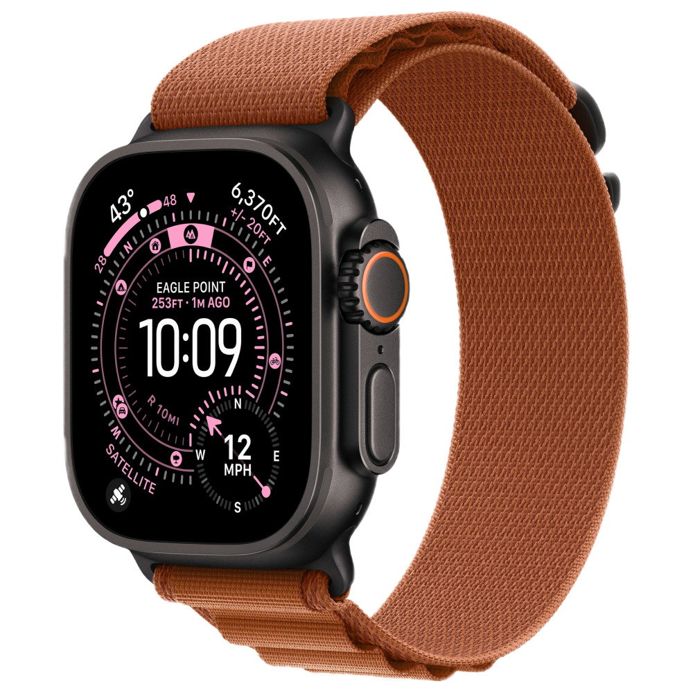 Apple Watch Ultra 3, 49 мм, корпус из титана цвета Чёрный (Black Titanium), ремешок Alpine, цвет терракотовый, L