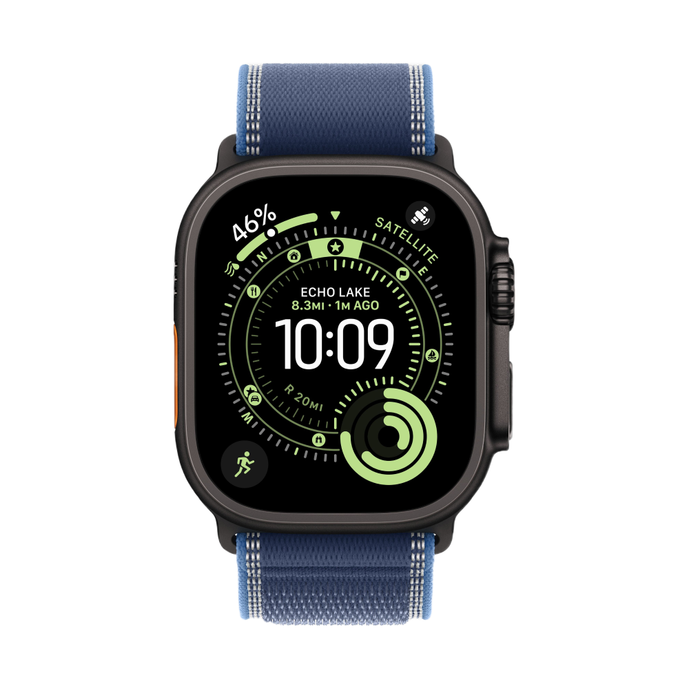 Apple Watch Ultra 3, 49 мм, корпус из титана цвета Чёрный (Black Titanium), ремешок Trail, цвет синий, M/L