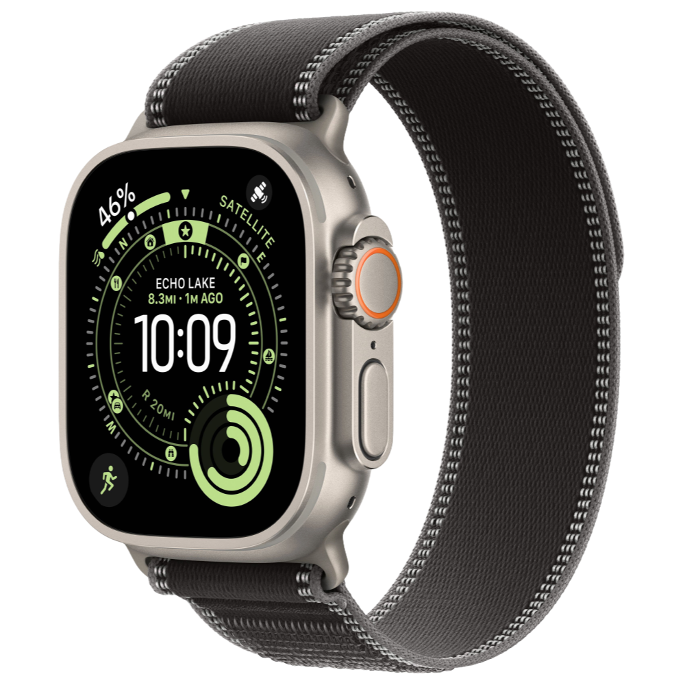 Apple Watch Ultra 3, 49 мм, корпус из титана цвета Серый (Natural Titanium), ремешок Trail, цвет черный, S/M