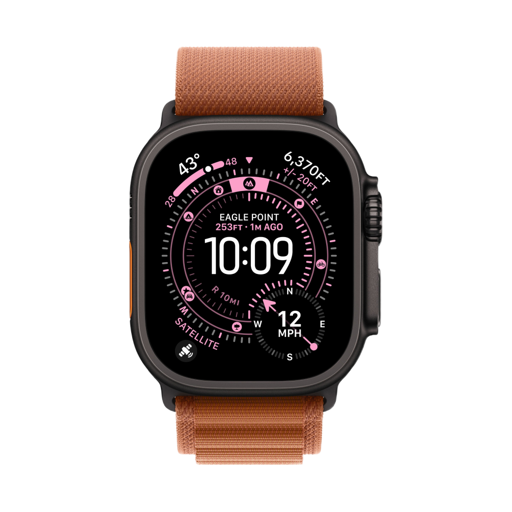 Apple Watch Ultra 3, 49 мм, корпус из титана цвета Чёрный (Black Titanium), ремешок Alpine, цвет терракотовый, M