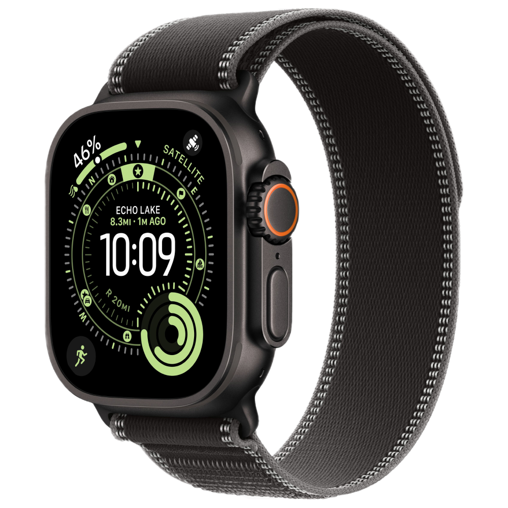 Apple Watch Ultra 3, 49 мм, корпус из титана цвета Чёрный (Black Titanium), ремешок Trail, цвет черный, S/M