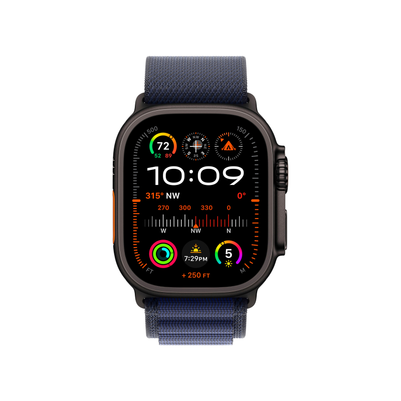 Apple Watch Ultra 2, 49 мм, корпус из титана цвета Чёрный (Black Titanium), ремешок Alpine, цвет тёмно-синий, L