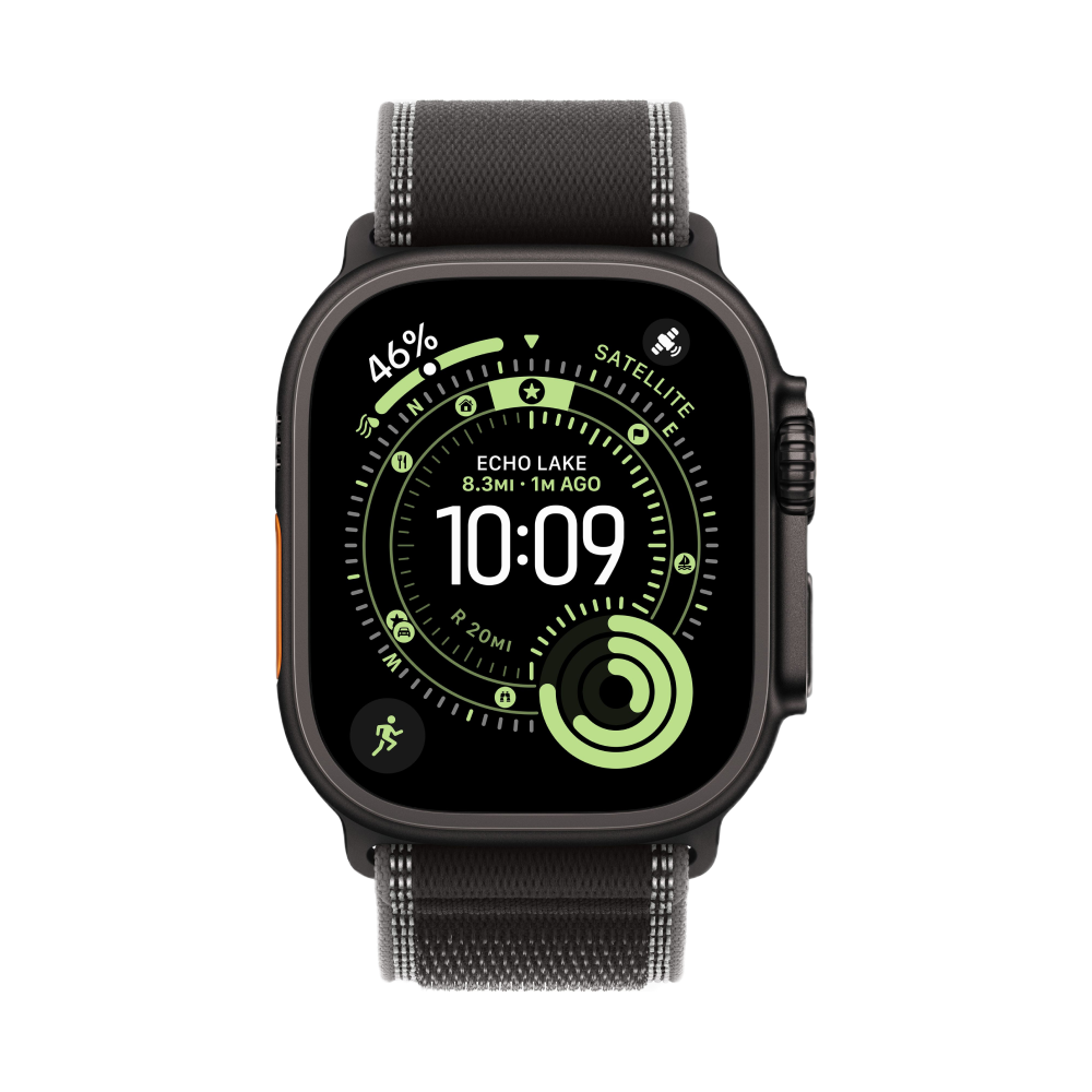 Apple Watch Ultra 3, 49 мм, корпус из титана цвета Чёрный (Black Titanium), ремешок Trail, цвет черный, S/M