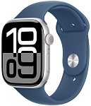 Apple Watch Series 10, 46 мм, корпус из алюминия цвета Серебро, ремешок спортивный, цвет синий деним, M/L