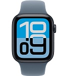 Apple Watch SE 3, 44 мм, корпус из алюминия цвета Полуночный черный, ремешок спортивный, цвет туманно-голубой, S/M