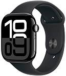 Apple Watch Series 10, 46 мм, корпус из алюминия цвета Чёрный глянец, ремешок спортивный, цвет чёрный (black titanium), S/M