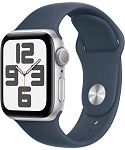 Apple Watch SE, 40 мм, корпус из алюминия цвета Серебро, ремешок спортивный, цвет светло синий, S/M